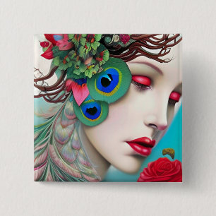 Rote Lippen und Rose Pfau Abstrakt Button