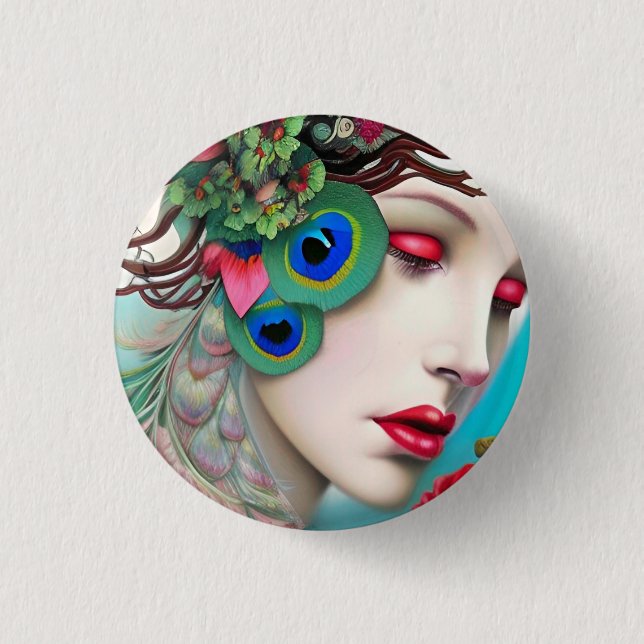 Rote Lippen und Rose Pfau Abstrakt Button (Vorderseite)