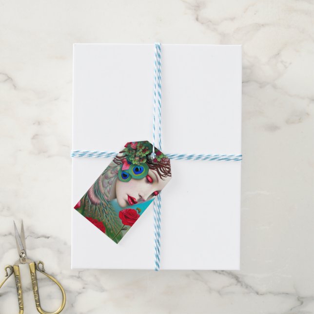 Rote Lippen und Rose Pfau Abstrakt Geschenkanhänger (Mit Garn)