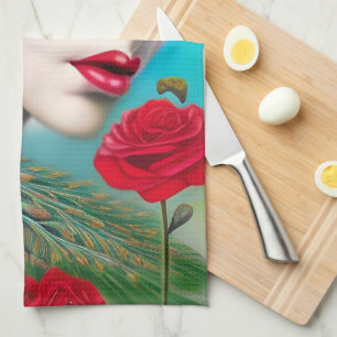 Rote Lippen und Rosen Pfau Abstract   Geschirrtuch