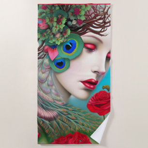 Rote Lippen und Rosen Pfau Abstract Strandtuch