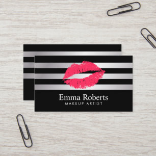 Rote Lippenmodernes Silber Stripes Maskenbildner Visitenkarte