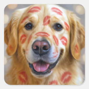 Rote Lippenstift-Küsse auf einem Golden Retriever Quadratischer Aufkleber
