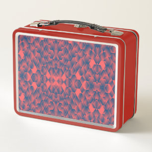 Rote Lunchbox mit einem geometrischen Blau und Ros