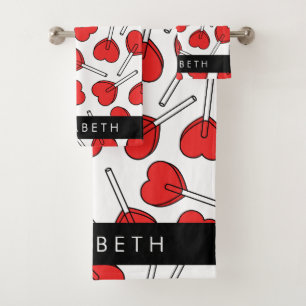 Rote Lutscher, Herz Lutscher, Lolly, Ihr Name Badhandtuch Set