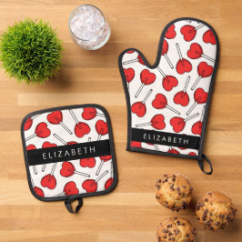 Rote Lutscher, Herz-Lutscher, Lolly, Ihr Name Ofenhandschuh & Topflappen-Set