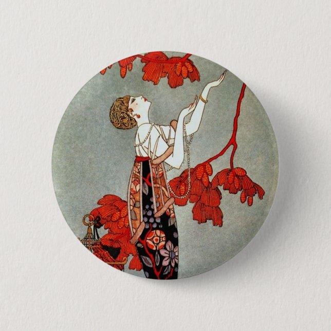 Rote Madame Art Deco Design Button (Vorderseite)