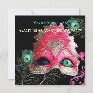 ROTE MASKE MIT  PFauenfedern MASKENBALL Einladung