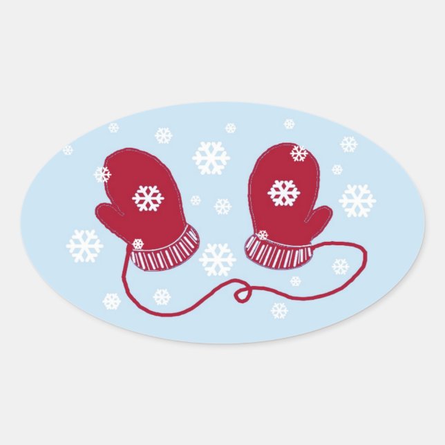 Rote Mitten und Schneeflocken Ovaler Aufkleber (Vorderseite)