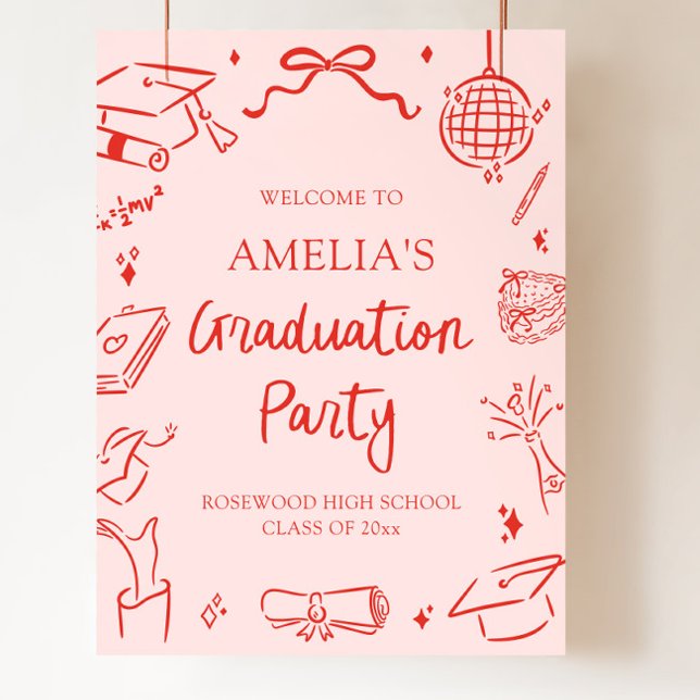 Rote moderne handgezeichnete Willkommensparty zum  Poster (Red Modern Hand Drawn Graduation Party Welcome)