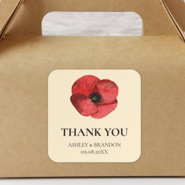 Rote Mohn-Blumen-Hochzeit-Danke Quadratischer Aufkleber (Von Creator hochgeladen)