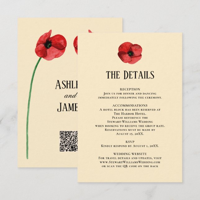 Rote Mohn Details Empfangs Informationen Hochzeit  Begleitkarte (Vorne/Hinten)