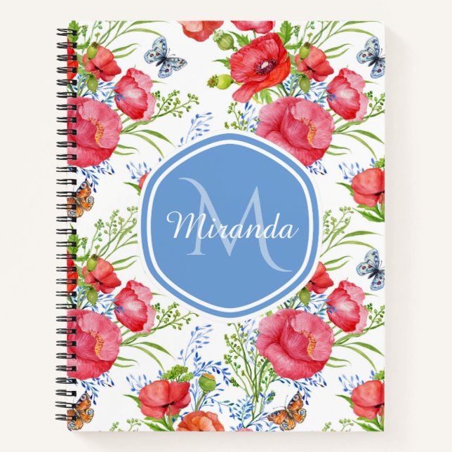Rote Mohn-Schmetterling-Monogramm-Name Notizbuch (Vorderseite)
