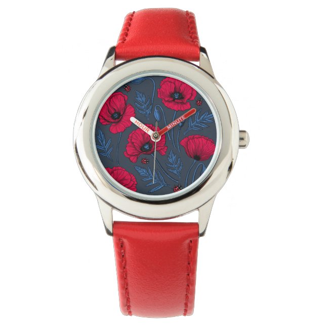 Rote Mohn und Ladybugs auf dunkelblau Armbanduhr (Vorderseite)