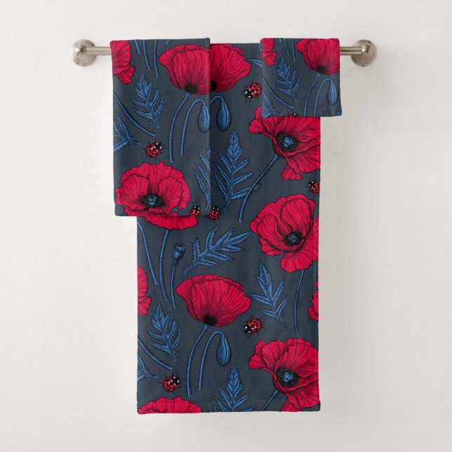 Rote Mohn und Ladybugs auf dunkelblau Badhandtuch Set (Insitu)