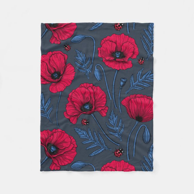 Rote Mohn und Ladybugs auf dunkelblau Fleecedecke (Vorderseite)