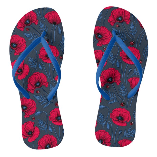 Rote Mohn und Ladybugs auf dunkelblau Flip Flops (Fußbett)