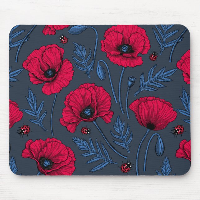 Rote Mohn und Ladybugs auf dunkelblau Mousepad (Vorne)
