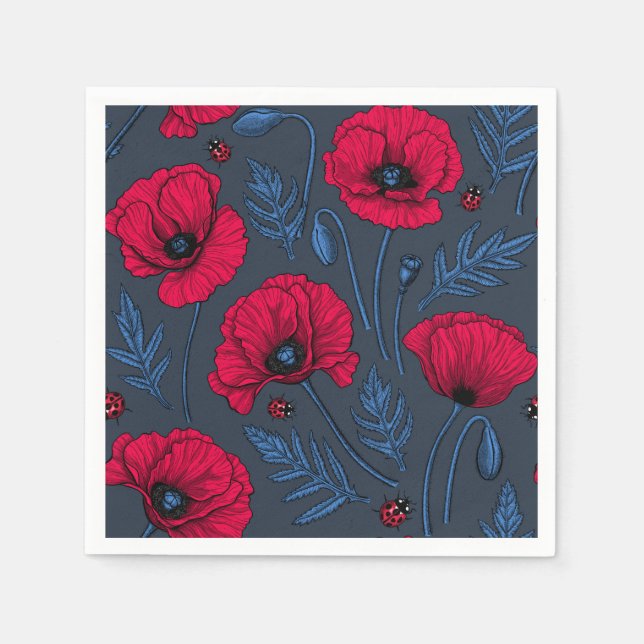 Rote Mohn und Ladybugs auf dunkelblau Serviette (Vorderseite)