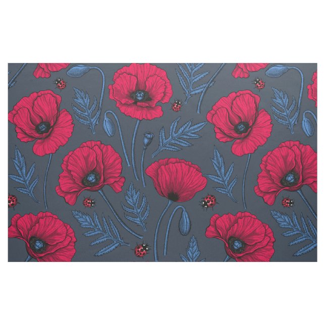 Rote Mohn und Ladybugs auf dunkelblau Stoff (Fat Quarter (45,7 x 55,9 cm))