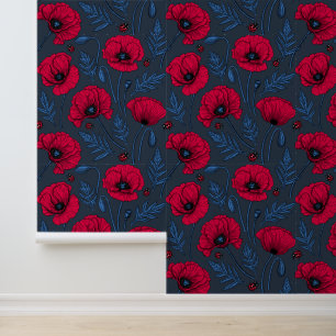 Rote Mohn und Ladybugs auf dunkelblau Tapete