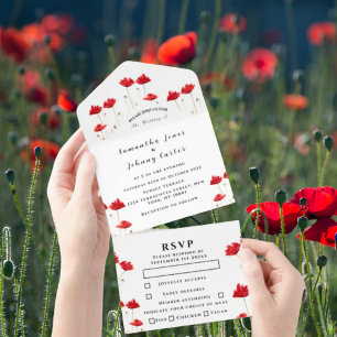 Rote Mohn-Wasserfarbe Schrift Elegante Hochzeit All In One Einladung