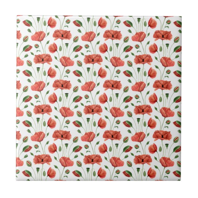 Rote Mohn-Wasserfarbe-Wildblumen-Keramik Fliese (Vorderseite)