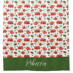Rote Mohn-Wasserfarbe-Wildblumen-Monogramm Duschvorhang