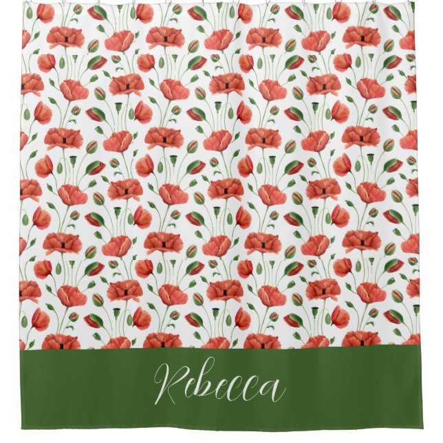 Rote Mohn-Wasserfarbe-Wildblumen-Monogramm Duschvorhang (Vorderseite)