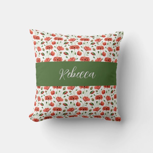 Rote Mohn-Wasserfarbe-Wildblumen-Monogramm-Name Kissen (Vorderseite)
