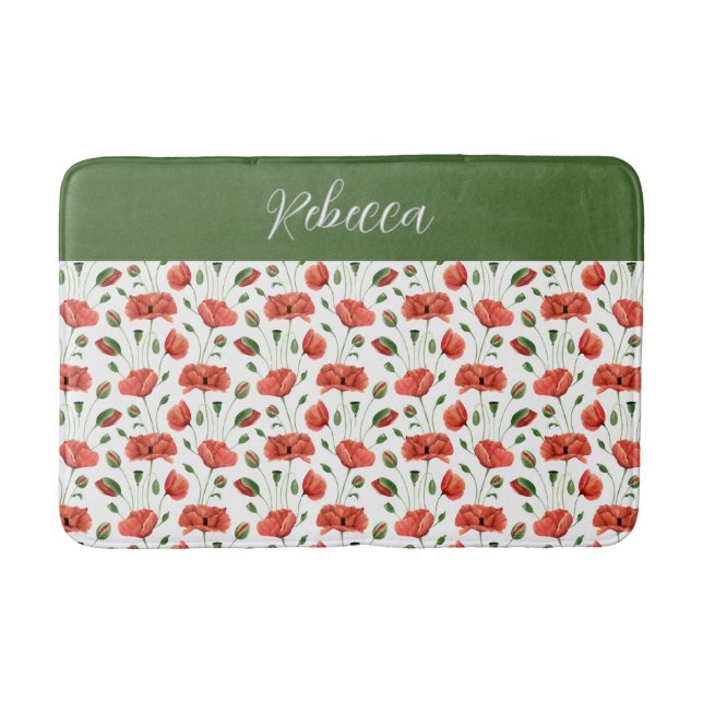 Rote Mohn-Wasserfarben-Wildblumen-Monogramm Badematte (Vorderseite)