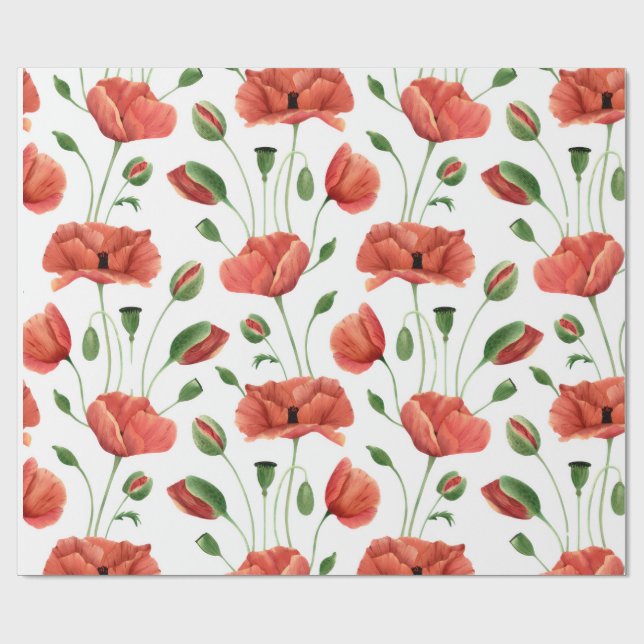 Rote Mohn-Wildblumen-Aquarell Geschenkpapier (Flach)