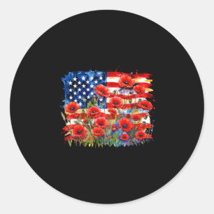 Rote Mohnblume amerikanische Flagge Gedenktag Runder Aufkleber