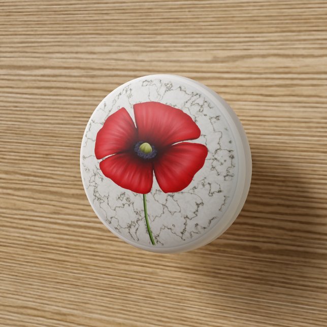 Rote Mohnblume Blume auf Imitaten Marmor Keramikknauf (Pop a poppy ceramic knob on your cupboard. Perfect!)
