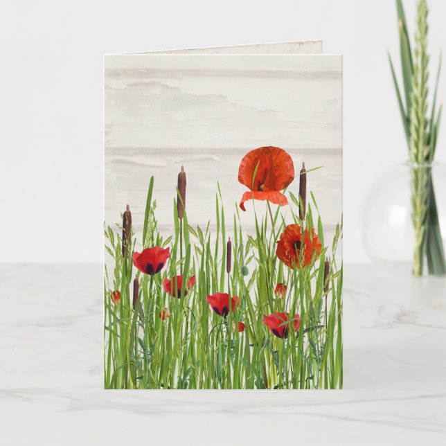 rote Mohnblume Blume und Cattails Karte (Vorderseite)