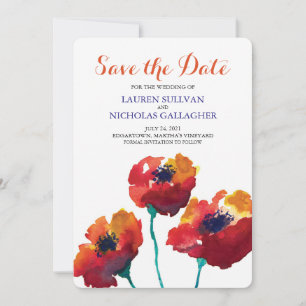 Rote Mohnblume Save the Date in Aquarellfarben