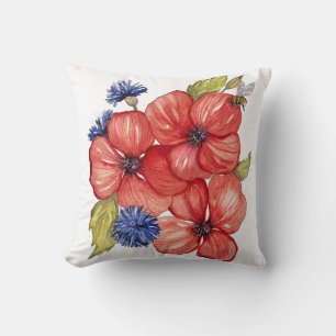 Rote Mohnblume und Blaue Kornblume Aquarell Kissen