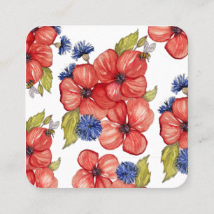 Rote Mohnblume und Blaue Kornblume Aquarell Quadratische Visitenkarte