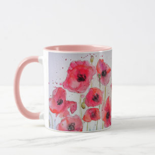 Rote Mohnblumen Aquarell-Malerei Tasse Rosa