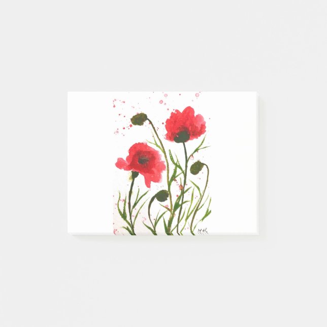 Rote Mohnblumen Aquarell rustikaler Chic Post-it Klebezettel (Vorderseite)