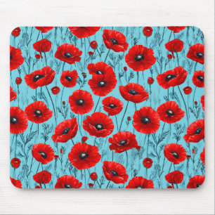 Rote Mohnblumen auf blauem Hintergrund Mousepad