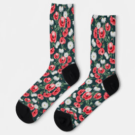 Rote Mohnblumen auf dunkelgrün Socken