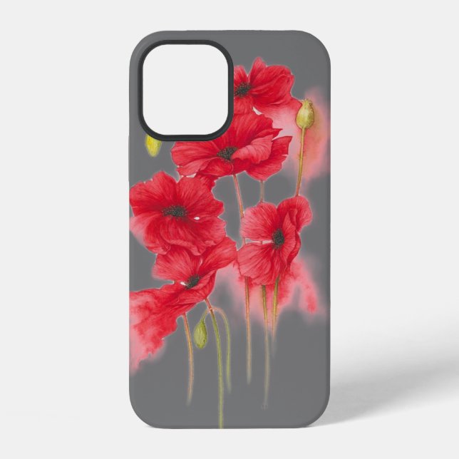 rote Mohnblumen auf Grau iPhone Hülle (Rückseite)