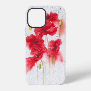 rote Mohnblumen auf weiß getünchtem Holz iPhone 12 Hülle