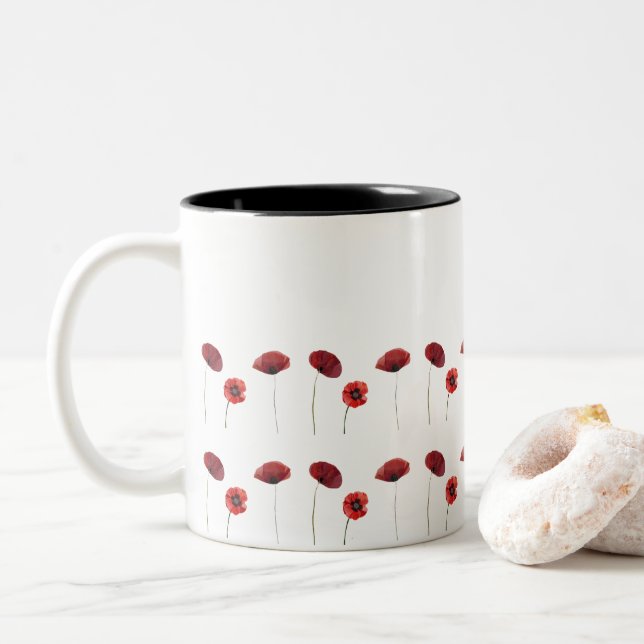 Rote Mohnblumen-Blume Zweifarbige Tasse (Mit Donut)