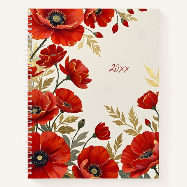Rote Mohnblumen-Blumen-Spiralblock-Notizbuch Notizbuch (Vorderseite)
