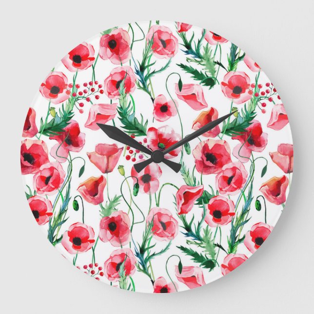 Rote Mohnblumen: Blumenbilder in Aquarellen Große Wanduhr (Vorderseite)