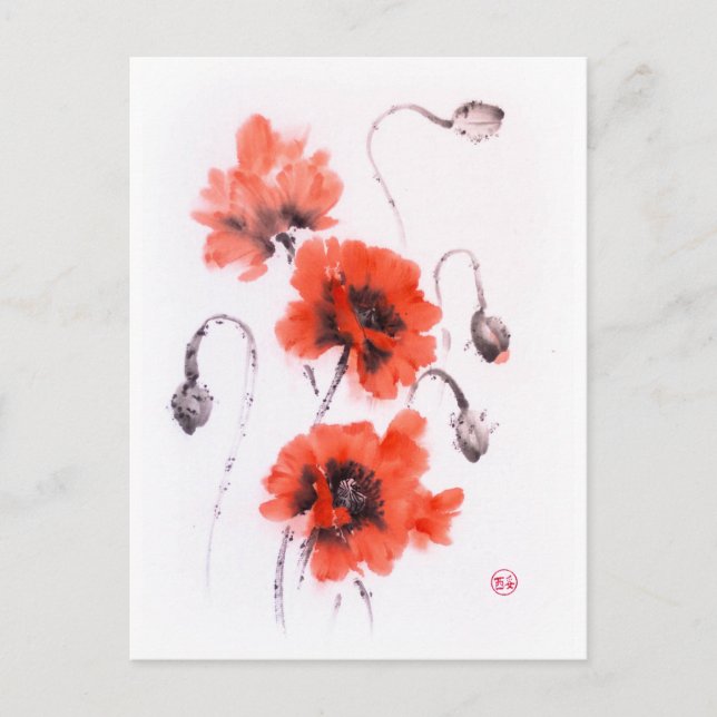 Rote Mohnblumen, Farbe und Aquarell Postkarte (Vorderseite)