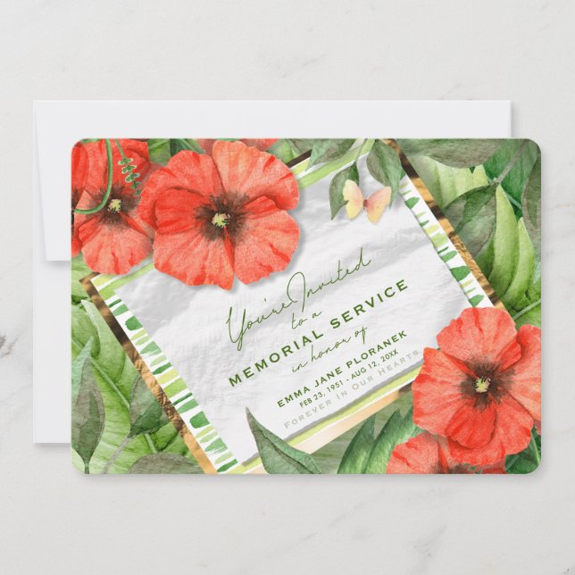 Rote Mohnblumen-Garten-Grüntöne-Erinnerungsservice Einladung (Vorderseite)