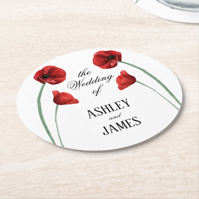 Rote Mohnblumen Hochzeit Moderne Blumen Runder Pappuntersetzer (Angewinkelt)